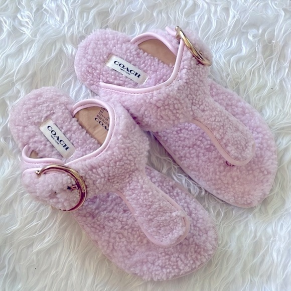 Brand New Coach Pink Shearling Hollie Flip Flop Sandal Plush Buckle Slides - Picture 16 of 16